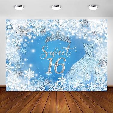 Imagem de Avezano Sweet 16 Decorações de aniversário de 16 anos para meninas, flocos de neve de inverno, vestido de princesa azul, decoração de festa de aniversário, coroa congelada, faixa de fundo de 16 x 1,5