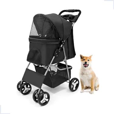 Imagem de Carrinho de Transporte Pet Preto Dobrável Passeio Animal de Estimação Cães e Gatos