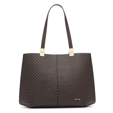 Imagem de Calvin Klein Bolsa feminina geométrica de granito – couro vegano, monograma, 3 bolsos, marrom/cáqui/preto, One Size