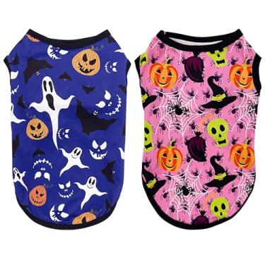 Imagem de JpGdn Camisetas de Halloween para cães PP PPP cachorrinho sem mangas camiseta regata roupas colete macio respirável camisetas morcegos abóbora fantasma aranha corujas rosa azul conjunto com 2