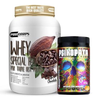 Imagem de Whey Protein 840g - 21g Proteína - Zero Açúcar + Pré Treino Psikopata Beta Tangerina 300g - Pro Corps (840g, Chocolate Suiço)