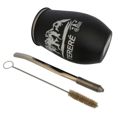 Imagem de Kit tereré cuia copo redondo 300ml alumínio parede dupla preto + bomba