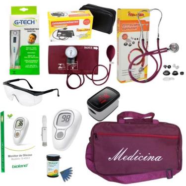 Imagem de Kit medicina com esfigmomanômetro estetoscópio Oxímetro óculos termôme