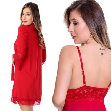 Imagem de Kit Robe Luxo e Camisola Sensual de Renda Lingerie Feminina - Empório 