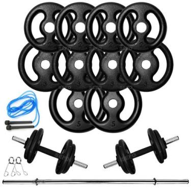 Imagem de Kit Musculação 30Kg Anilhas E Barras + Corda Treino Em Casa - SEPO