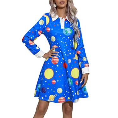Imagem de Laqeyko Vestido feminino de manga comprida com gola Peter Pan Fit and Flare A Line Skater Fantasia escolar, Planeta azul, XGG