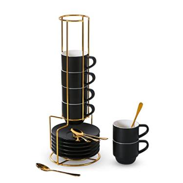 Imagem de Xícaras de café empilháveis de porcelana com pires, colheres e suporte de metal – Lareina 118 g pequeno cappuccino conjunto de 6 xícaras de cerâmica Demitasse para Nespresso Lungo, expresso duplo, preto