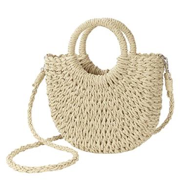 Imagem de Bolsa feminina de palha para praia de tecido transversal, bolsa de mão com alça superior para o verão, Bege, One Size