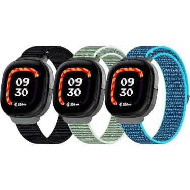 Imagem de Pacote com 3 pulseiras de nylon compatíveis com Google Fitbit Ace LTE (2024), pulseiras de substituição esportivas respiráveis macias ajustáveis de nylon para Fitbit Ace LTE (preta/verde grama/azul