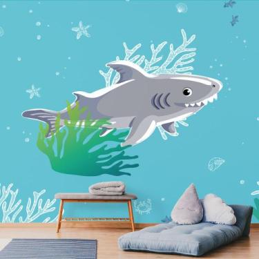 Imagem de Papel de Parede Infantil Fundo do Mar Tubarão Feliz 6m² - Quartinhos