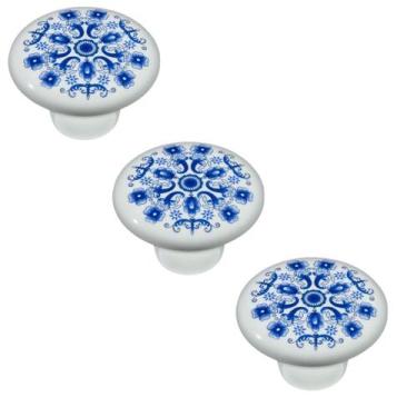 Imagem de Kit 3 puxador italy line ceramica il7067 estampa azul antigo louça
