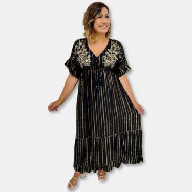 Imagem de Vestido Longo Indiano Manga curta Boho Chick Lurex e Bordado - Sarat M