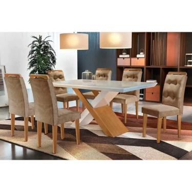 Imagem de Kit 6 Cadeiras Sala Jantar Imperatriz Tampo Madeirado c/ Vidro Reto 180x90 e 6 Cadeiras Imperatriz Imbuia/Suede Capuccino - Rufato