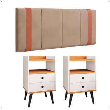 Imagem de Kit Quarto 2 Mesas Cabeceira Retrô Off White/ Cinamomo Gavetas Nicho Painel Suspenso Cama Box Casal 1,40 Bege Suede - Lojas RPM