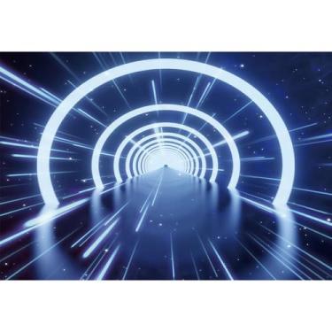 Imagem de DORCEV 2,4 x 1,8 m Cenário Futurista de Ficção Científica Curvas Brilhantes Estação Espacial Túneis Fotografia Fundo Azul Neon Escuridão Nave Espacial Neon Brilho Túnel Subterrâneo Corredor Banner de