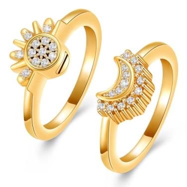 Imagem de Joias de cremação para anéis de cinzas – Conjunto de anéis celestiais de sol e lua, anel de sol cintilante/anel de lua azul/banhado a prata, anel de promessa de amizade, anéis celestiais empilháveis,