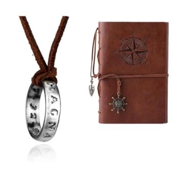 Imagem de XHBTS Uncharted 4 Drake 20 adesivos e colar com pingente de anel gravado, corrente de couro marrom e caderno de escrita de diário de viagem, livro vintage de couro PU, A7 (marrom)