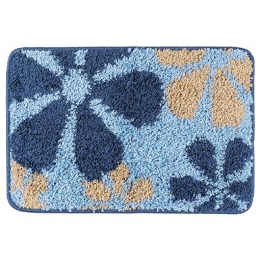 Imagem de uxcell Tapete de banho floral, tapete de banheiro felpudo de pelúcia, tapete de banho lavável xadrez para piso de banheiro, banheira e chuveiro, 51 x 81 cm, azul