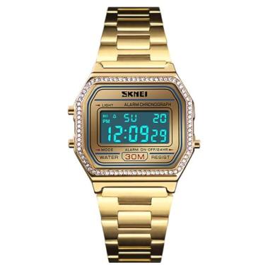 Imagem de MASTOP Relógios de pulso femininos de luxo, eletrônicos, de aço integral, LED, digital, fashion, ultrafinos, quadrados, relógios de pulso femininos.., Dourado, Digital