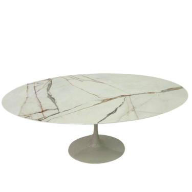 Imagem de Mesa De Jantar Saarinen Oval 137x90 Cm Mdf Calacata Marmorizada Gelo Branco