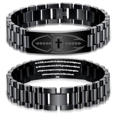 Imagem de KLIFOWDY Pulseiras de futebol americano, pulseiras de elos de aço inoxidável para homens, pulseiras cruzadas, versículo bíblico, pulseira masculina masculina, joias cristãs, presentes, First