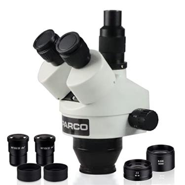 Imagem de Parco Scientific PZFZ 0,7X-4,5X Cabeça de microscópio estéreo com zoom trinocular simulfocal, par de oculares de campo amplo de 10 x (20 mm) com protetores oculares, lentes Barlow 0,5X e 2,0X