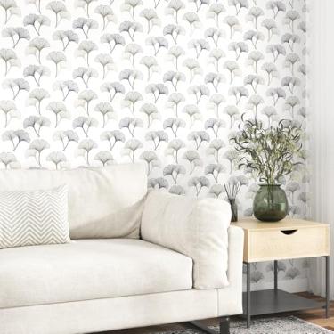 Imagem de Papel de parede de folha de ginkgo descasque e cole papel de parede floral branco boho azul papel de contato para prateleiras de parede papel de contato botânico para quarto e banheiro, 44,5 cm x 259