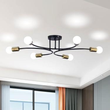 Imagem de FRIXCHUR Luminária De Teto Semi-Embutida Moderna, 6 Luzes, Lustre Sputnik, Preto E Dourado, Perto Da Luminária De Teto Para Sala De Estar, Quarto, Cozinha