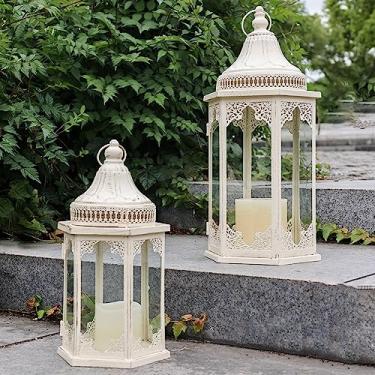 Imagem de NEEDOMO Lanternas Decorativas Para Áreas Externas E Internas, Conjunto De 2 Lanternas Externas Para Varanda, Lanterna Grande De Vela, Estrutura De Metal Bege Com Vidro Para O Outono, Natal