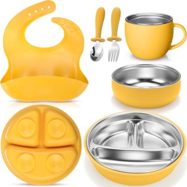 Imagem de Nuogo Conjunto de pratos e tigelas infantis de aço inoxidável 304 com sucção de aço inoxidável e copo infantil com silicone removível, garfos, colheres, babador de bolso para bebês (amarelo, redondo)