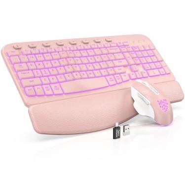 Imagem de SABLUTE Combo ergonômico de teclado e mouse sem fio – teclado Wave com descanso de pulso de couro macio, teclas resistentes, conjunto recarregável com retroiluminação RGB para PC/Mac/Chromebook (rosa)