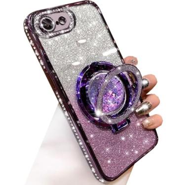 Imagem de Changjia Capa com suporte de glitter para iPhone 16e, linda capa de luxo brilhante com strass de diamante brilhante com protetor de câmera, anel fluido líquido, suporte de TPU (poliuretano