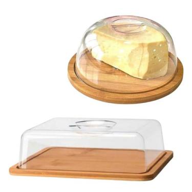 Imagem de Kit Porta Frios Mantegueira + Queijeira Bambu Com Tampa De Acrílico - 