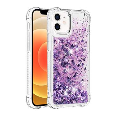 Imagem de Capa de telefone à prova de choque para iPhone 12 com glitter líquido de areia movediça e corações flutuantes, capa de TPU de camada dupla reforçada com 4 cantos, protetor de telefone seguro