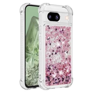 Imagem de Capa de telefone à prova de choque para Google Pixel 8a com glitter líquido de areia movediça e corações flutuantes, capa de TPU de camada dupla reforçada com 4 cantos, protetor de telefone seguro