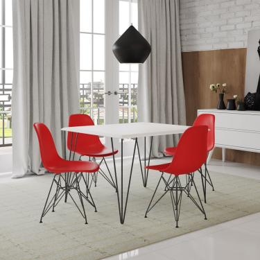 Imagem de Conjunto De Mesa Eames Clips De Ferro Preto Tampo Quadrado Branco 90x90 4 Cadeiras Ferro Preta Assento Vermelho