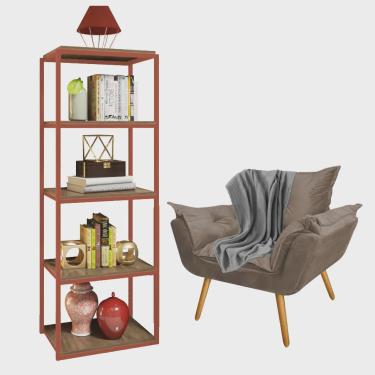 Imagem de Kit Poltrona Fatte com Manta Soft Cinza e Estante Livreiro Ferro Bronze mdf Rústico Sue...