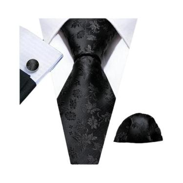 Imagem de Conjunto de Gravata e Abutões Masculinos - Seda Jacquard Preto, Branco