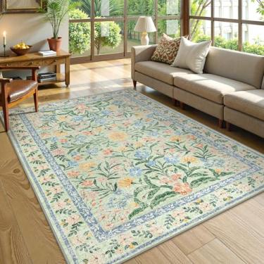 Imagem de Morebes Tapetes laváveis 12 x 18 cm para sala de estar, boho floral verde e rosa tapete antiderrapante, tapete macio vintage flor interior para quarto e sala de jantar, verde sálvia