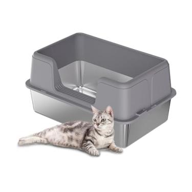 Imagem de Curtainboro Caixa de areia para gatos de aço inoxidável, caixa de areia com tapete de areia antiderrapante e colher, entrada superior anti-vazamento, caixas de areia fechadas com tampa, fácil de