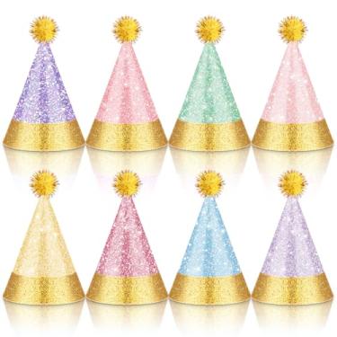 Imagem de Sonwyoung 40 mini chapéus de festa com pompons, animais de pelúcia com glitter, chapéu de cone para festa de animais de estimação de pelúcia (glitter macaron, 5 x 7 cm)