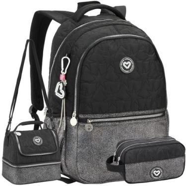 Imagem de Kit Mochila Costas Feminina Color Up Lancheira Estojo Preto - Seanite