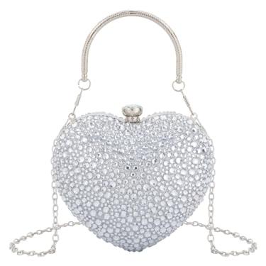 Imagem de Reberomantique Bolsa feminina em formato de coração com strass brilhante para festa de casamento, coquetel, formatura, bolsa de ombro a tiracolo, Prateado, azul