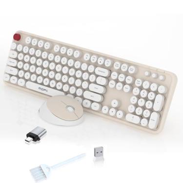 Imagem de Combo de teclado e mouse sem fio, MOFII 104 teclas, retrô, redondas, teclas de escrever, teclados ergonômicos e mouse sem fio para Windows, PC, laptop, desktop branco