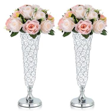 Imagem de Vaso trompete de cristal de 33 cm de altura Vaso de cristal de ferro forjado para casamento centro de mesa de sala de estar vaso de flores (2, prata)