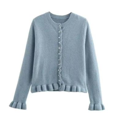 Imagem de Cardigan Feminino de Malha com Babados - Manga Comprida, Gola Redonda 