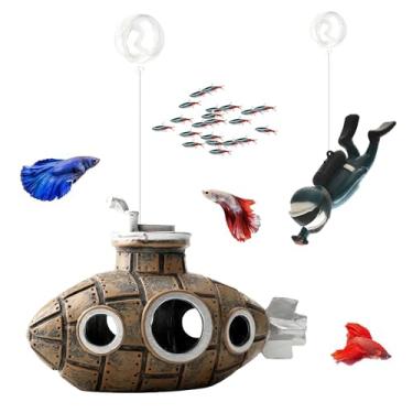 Imagem de SUPTEC Decoração flutuante para aquário submarino retrô com duas bolas flutuantes, acessório de aquário resinoso