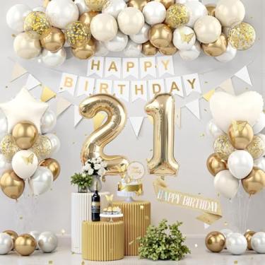 Imagem de Decorações de aniversário de 21 anos, decorações de festa de aniversário de ouro branco para mulheres e homens, balões de creme boho bege suprimentos de festa com faixa, faixa brilhante, topo de bolo