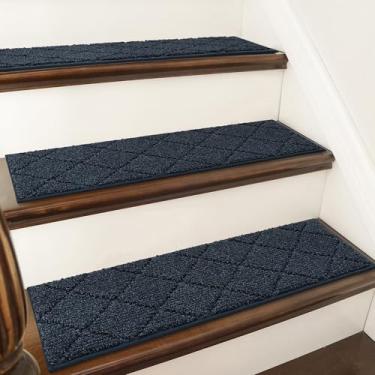 Imagem de COSY HOMEER Tapete antiderrapante para degraus de escada de 71 cm x 23 cm para degraus de madeira, tapetes de escada para crianças e cães, 100% poliéster TPE (10 peças, azul marinho)
