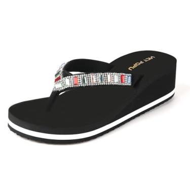 Imagem de VICT POPU Sandálias Chinelos Para Mulheres Bling Strass Joia Salto Alto Suporte De Arco Confortável Macio Almofada Cunha Slip-On Casual Plataforma Verão Tanga Preta 9